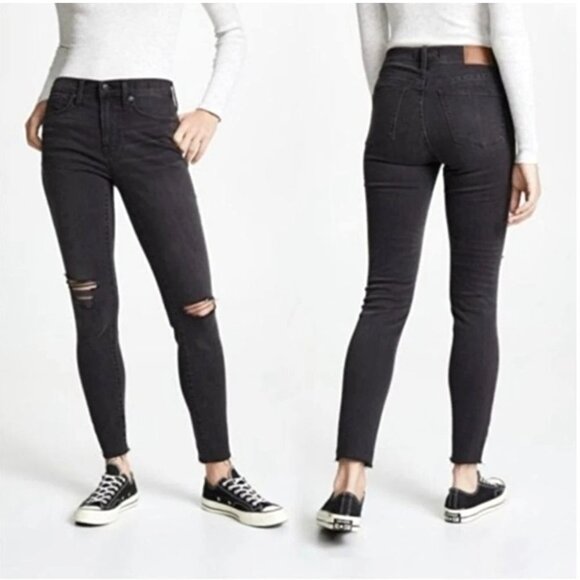 Madewell 9" High-Rise Skinny Jeans With Distressed Hem & Ripped Knees Black 29 - Picture 1 of 14